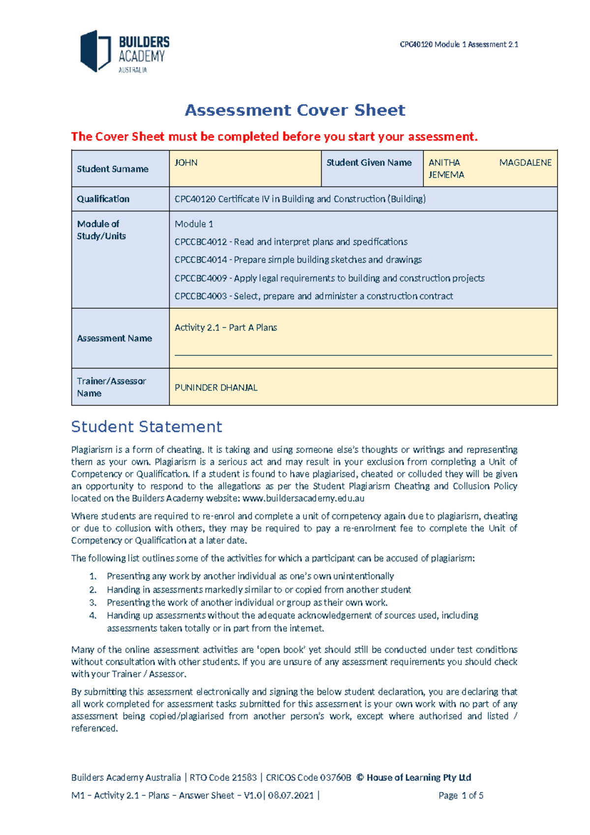 CPC40120 M1 Activity 2.1 Plans Answer Sheet and Guidelines - Studocu