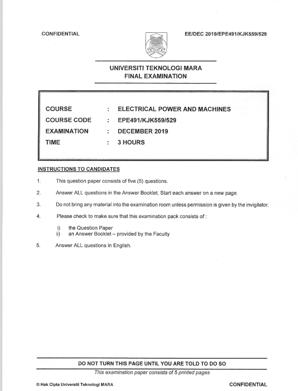 EPE491/KJK559 Final Exam Questions - Electrical Power and Machines, Dec ...