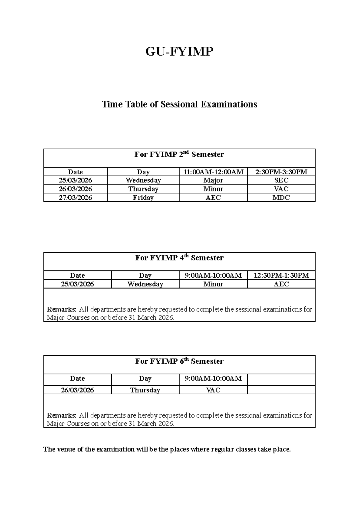 Sessional Exam March 2026 - GU-FYIMP Time Table of Sessional ...