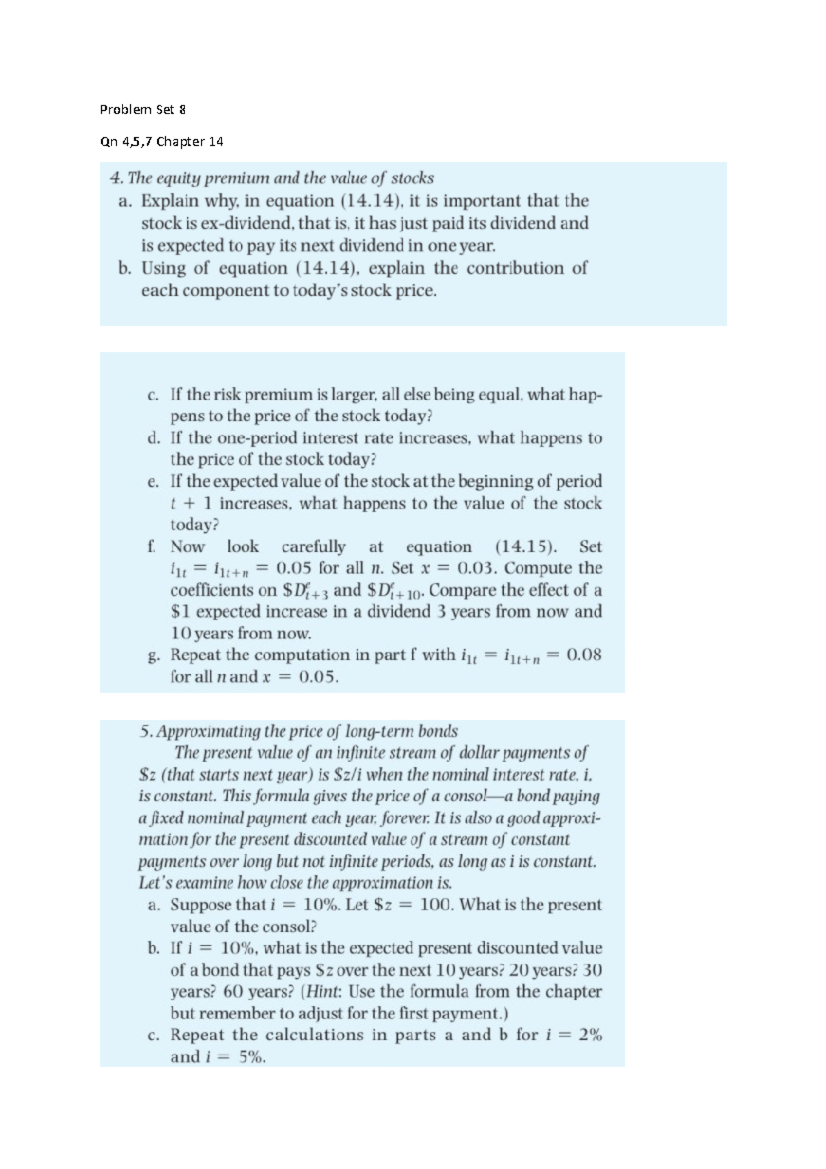 Problem Set 8 - Questions 4, 5, 7 from Chapter - Studocu