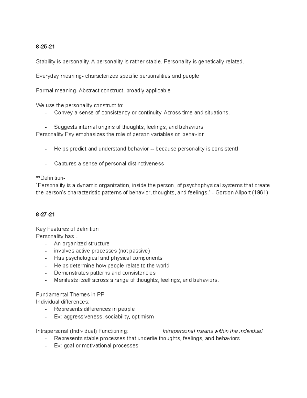 PSY 331 First Exam - Lecture notes For 1st Exam - Stability is ...