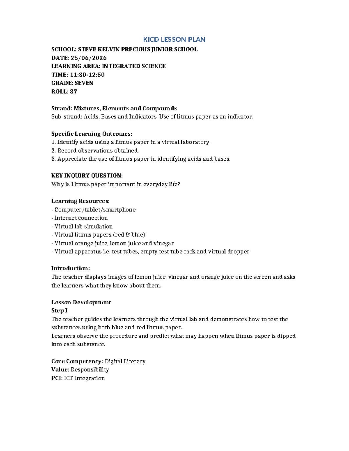 KICD Lesson Plan: Integrated Science for Grade 7 - Litmus Paper Use ...