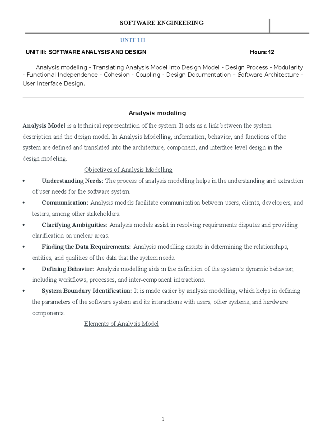 Se Unit Iii Iiibca Fbf Unit Iii Software Analysis And Design Hours