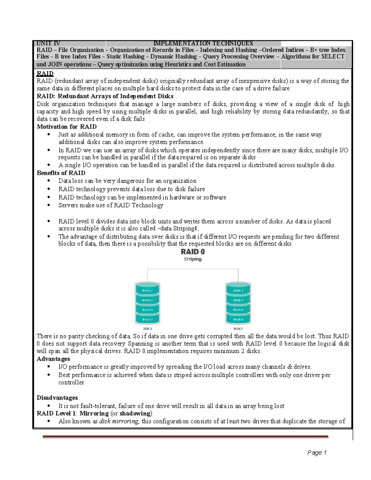 CS8492 DBMS UNIT IV - RAID, File Organization & Query Processing ...