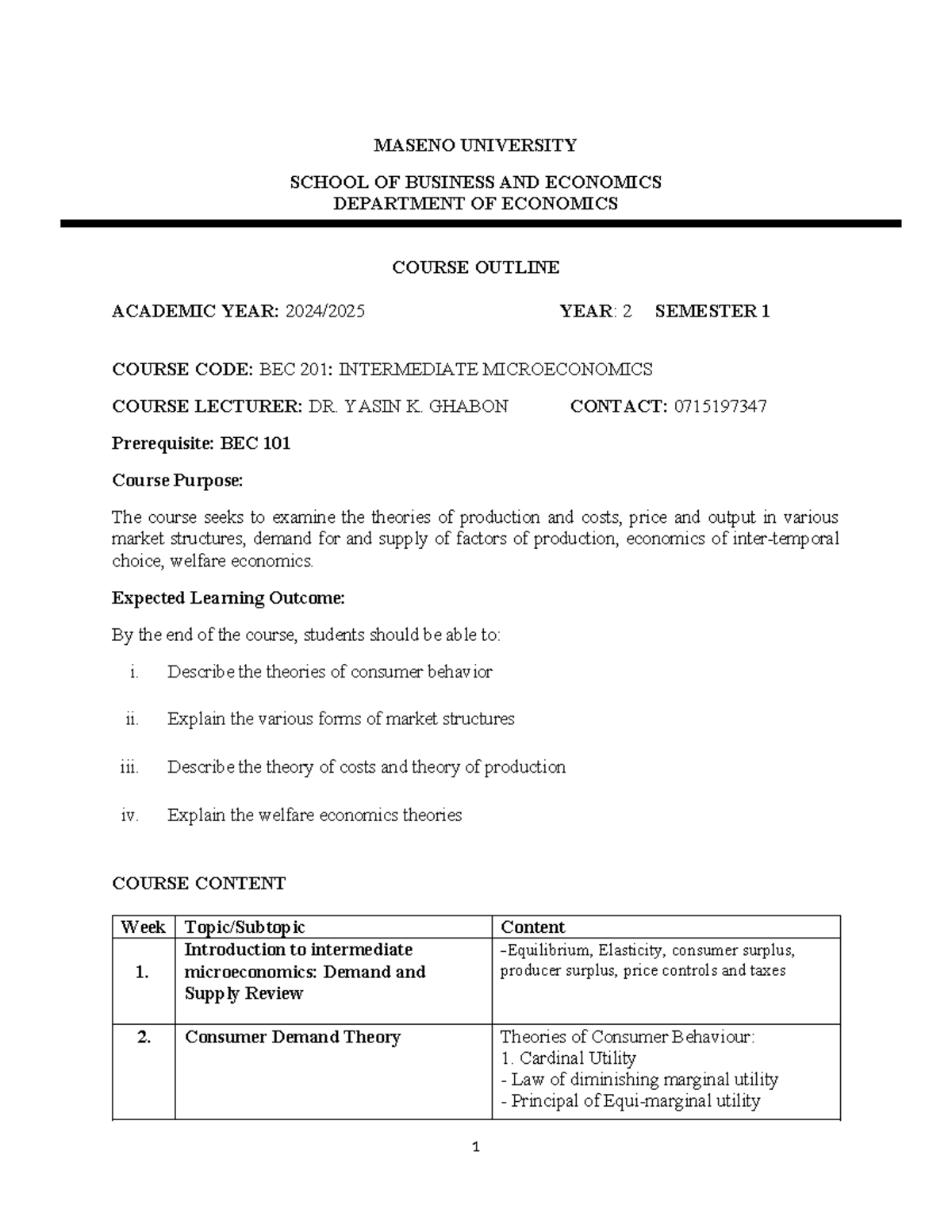 BEC 201 - Intermediate Microeconomics Course Notes for Year 2 - Studocu