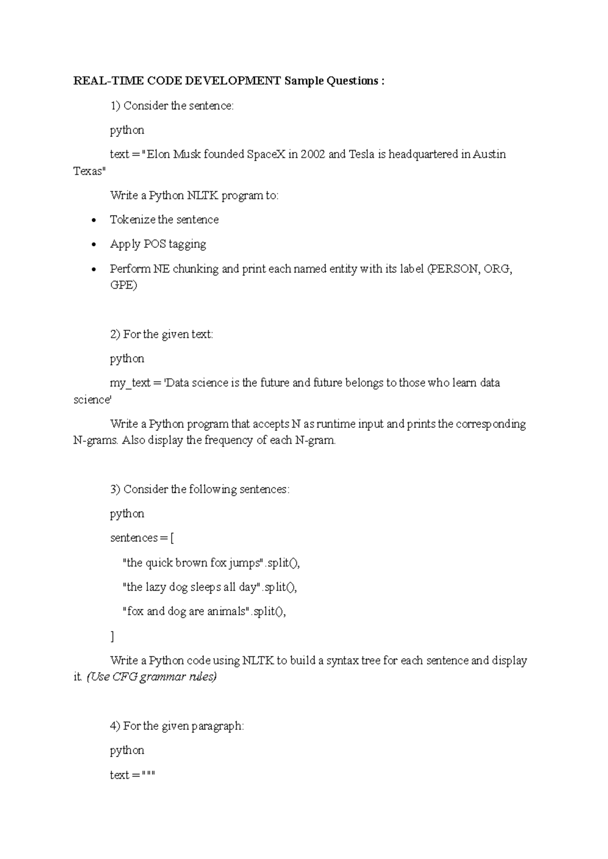 FT III Sample Questions on Python NLTK Programming Tasks - Studocu