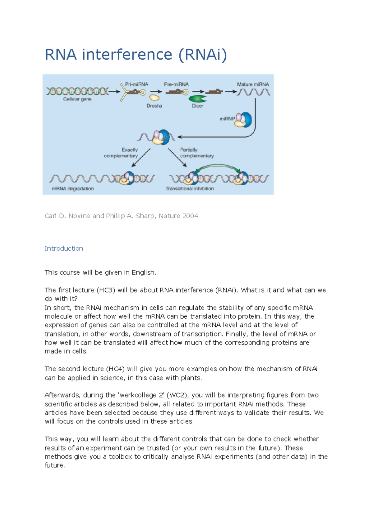 Werkcollege 2: Insights into RNAi Mechanisms and Applications - Studeersnel