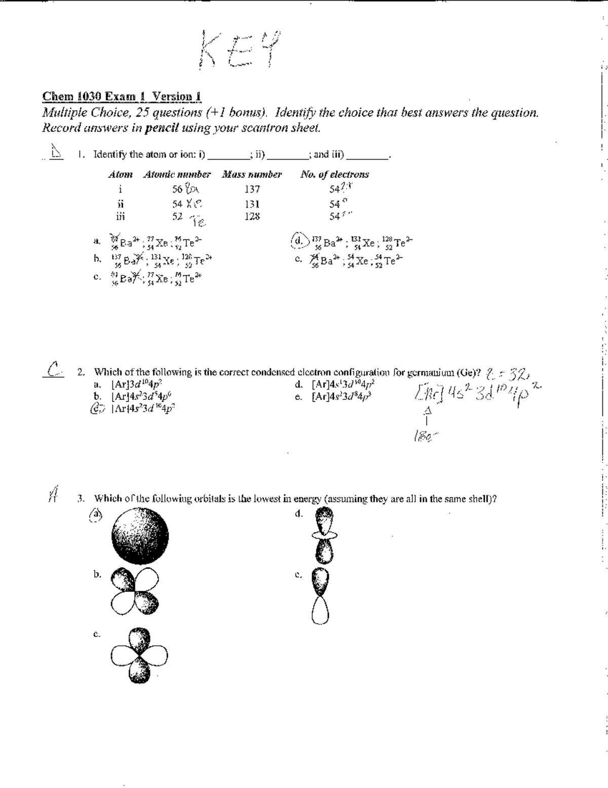 Chem 1030 Exam 1 Solutions - Multiple Choice Key & Answers - Studocu