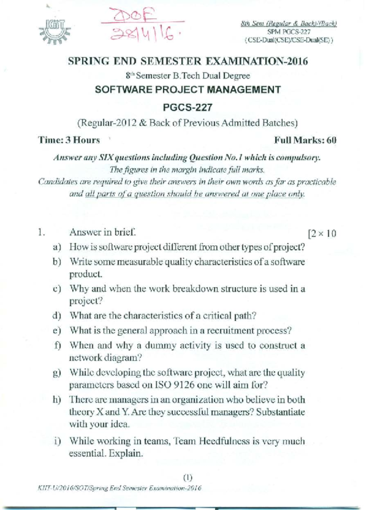 DOE 8th Sem SPM Spring End Semester Exam Questions and Guidelines - Studocu