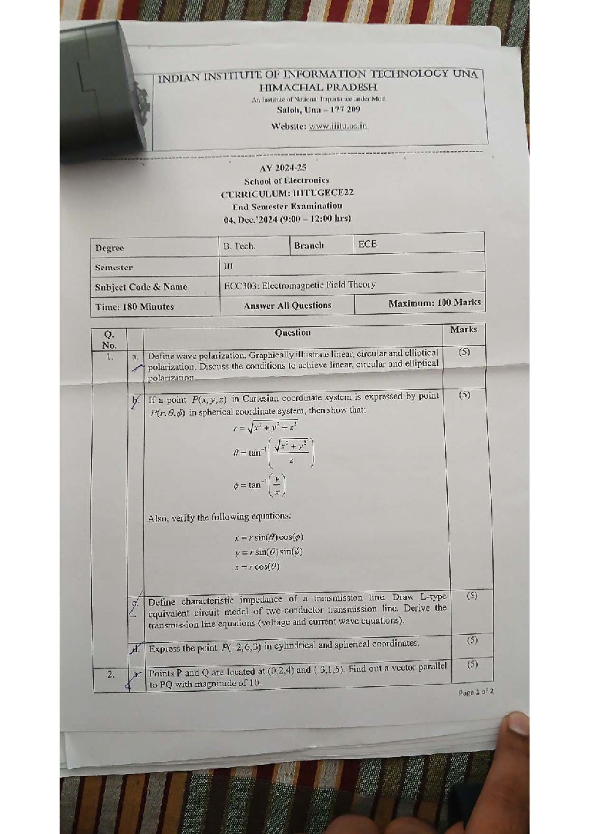 EMFT ECC303: Electromagnetic Field Theory Exam Questions & Solutions ...