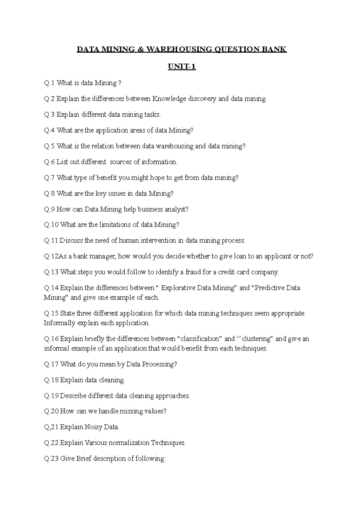 414820417 Data Mining Question Bank - DATA MINING & WAREHOUSING ...