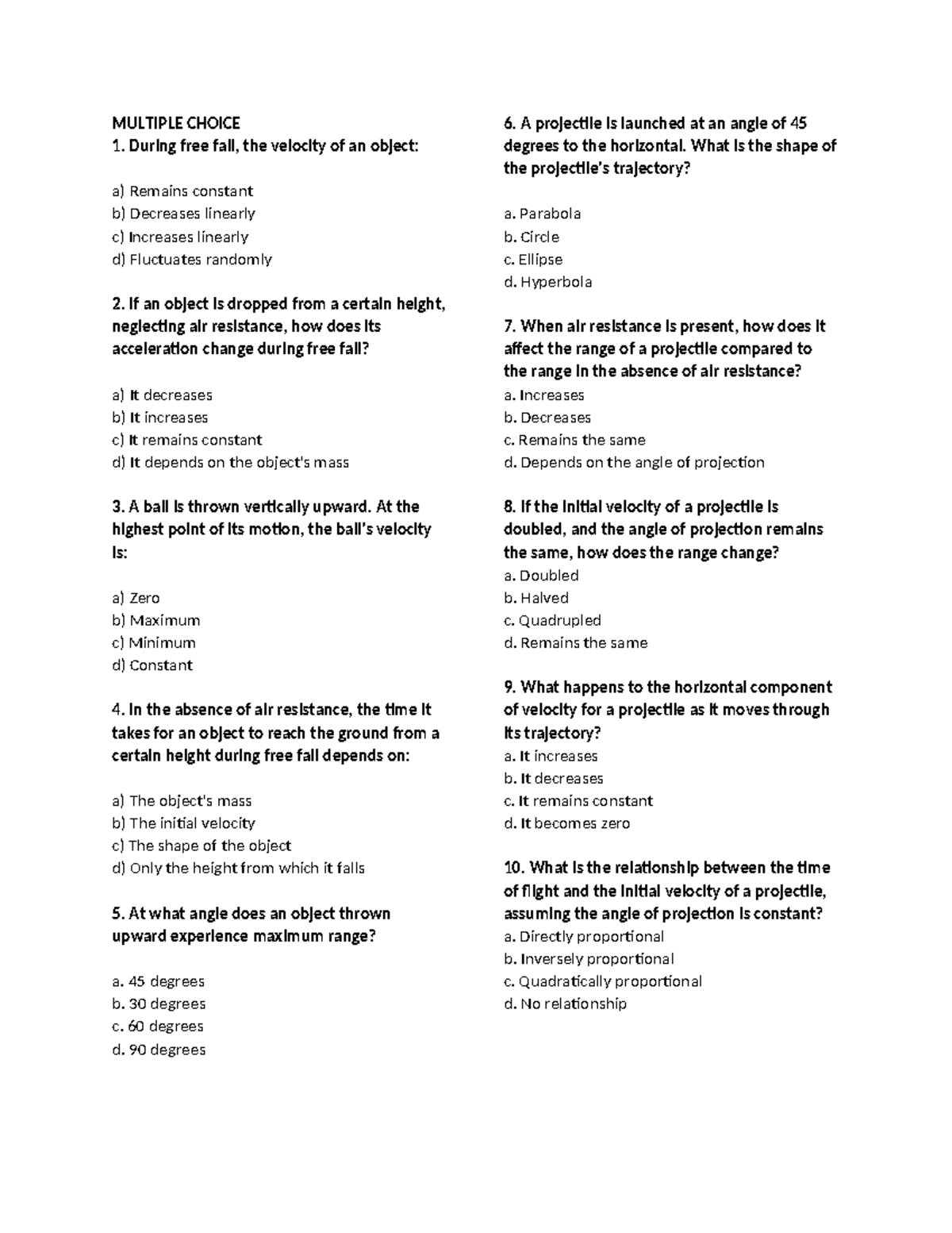 Practice-test-and review material-in-freefall and projectile - MULTIPLE ...