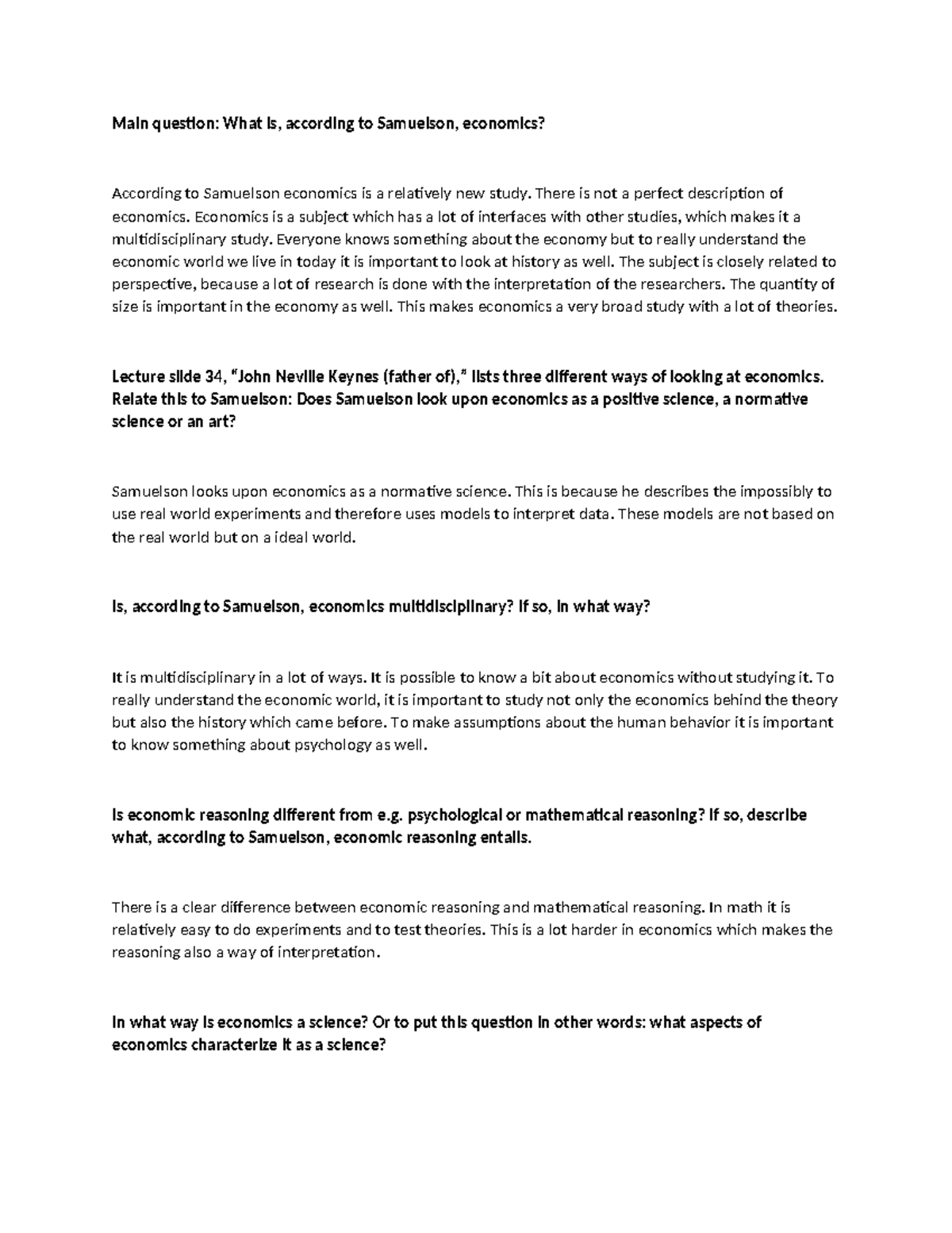Samuelson 1980 - Reading Questions on Economics as a Science - Studeersnel