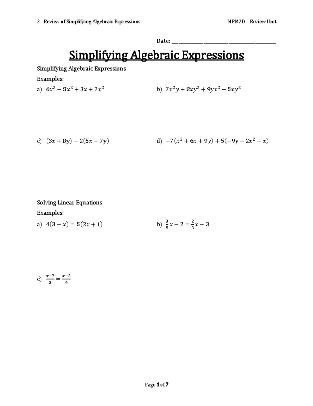 MPM2D Final Exam Review: Simplifying Algebraic Expressions - Studocu