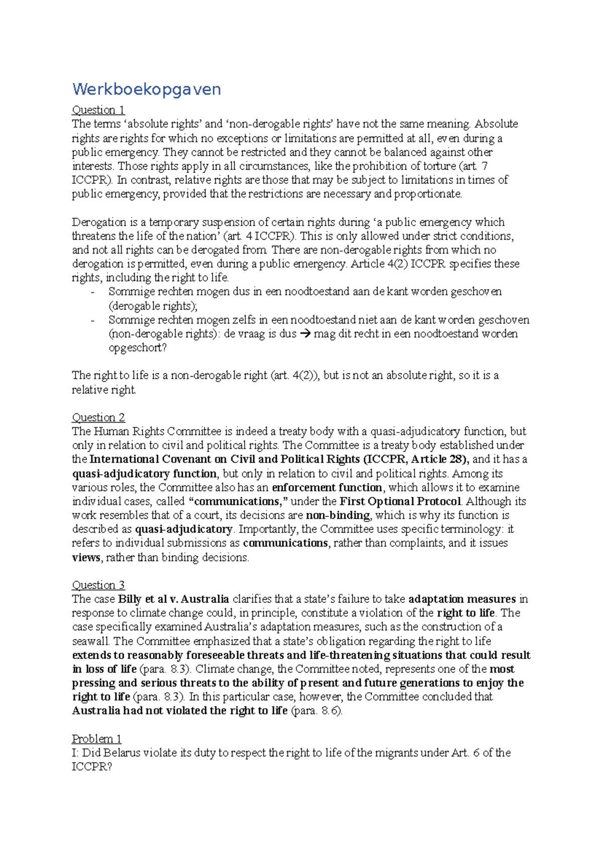 Werkboekopgaven Week 1: Absolute vs. Relative Rights & ICCPR Insights ...