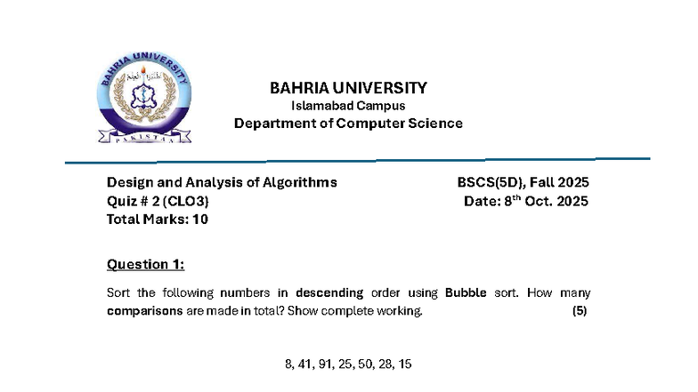 DAA Quiz 2 (CLO3) - Design & Analysis of Algorithms BSCS(5D) - Studocu