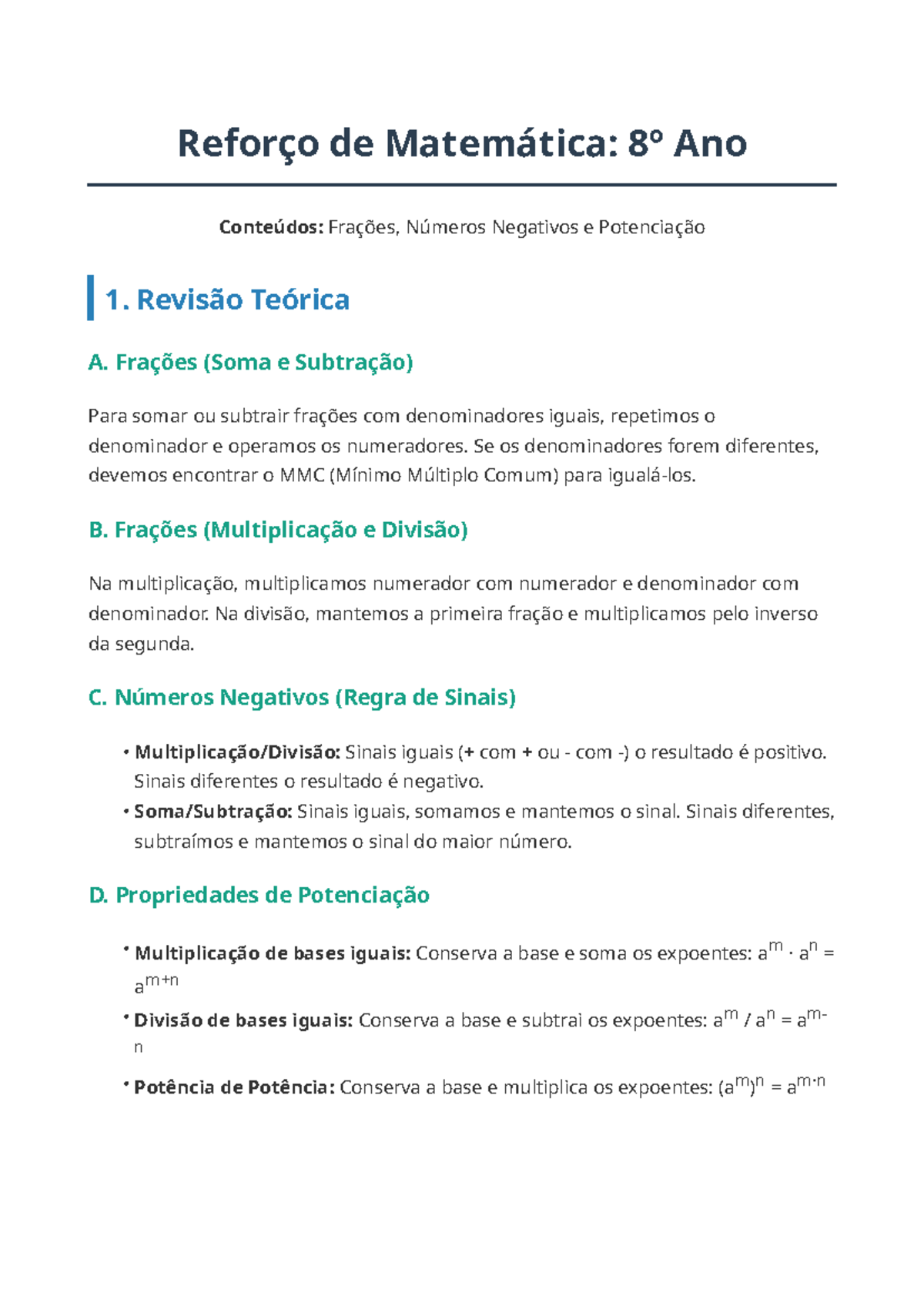 Reforço de Matemática 8º Ano: Teoria e Exercícios sobre Frações e ...