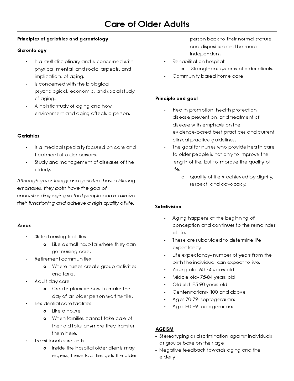Care of Older Adults - Prelim Exam Study Notes (GERI 101) - Studocu