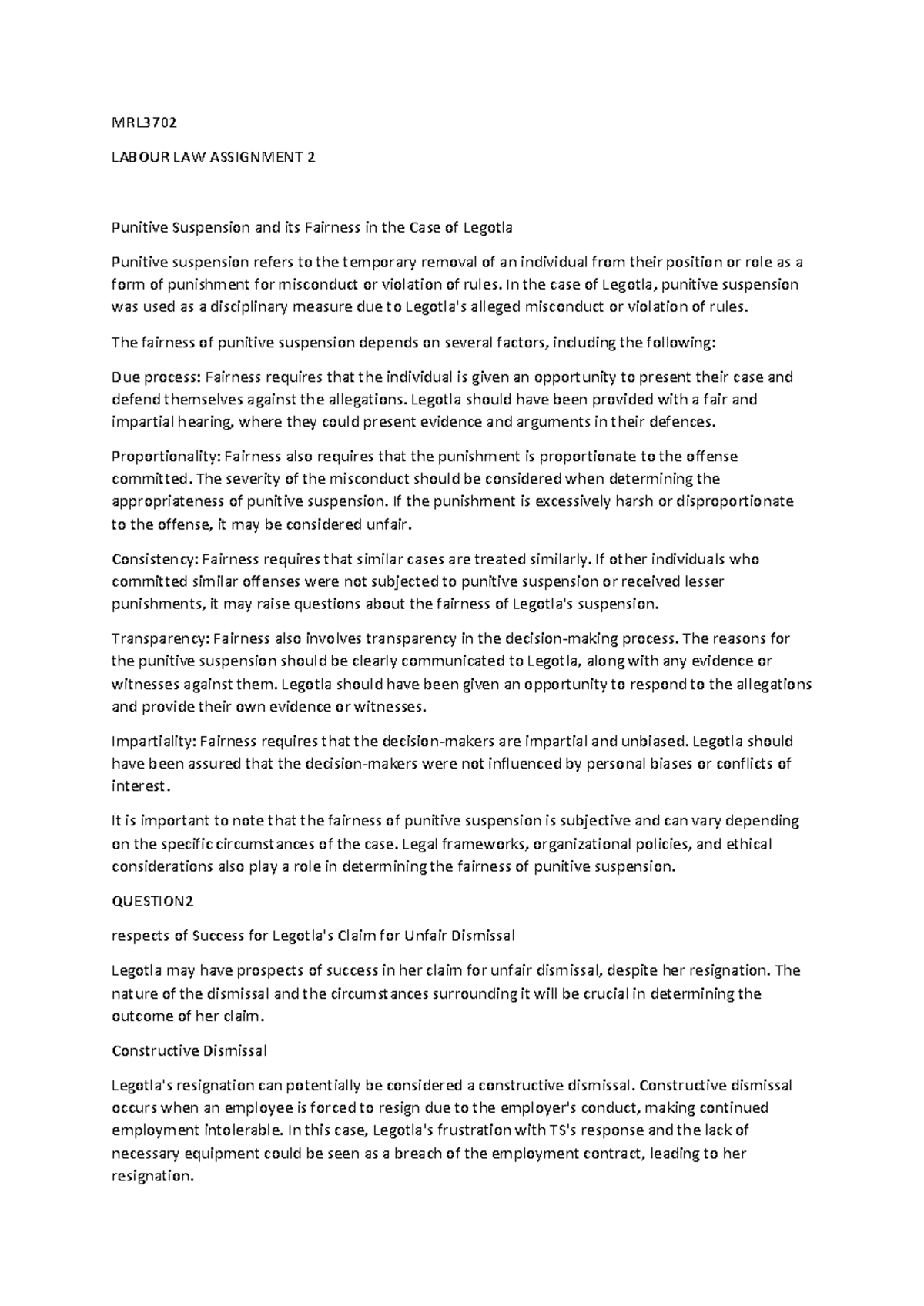MRL3702 Labour Law Assignment 2: Legotla's Claim Analysis - Studocu