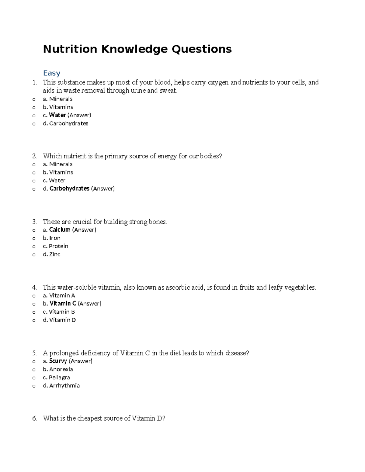 Nutrition Knowledge Quiz Questions and Answers (Nutrition 101) - Studocu