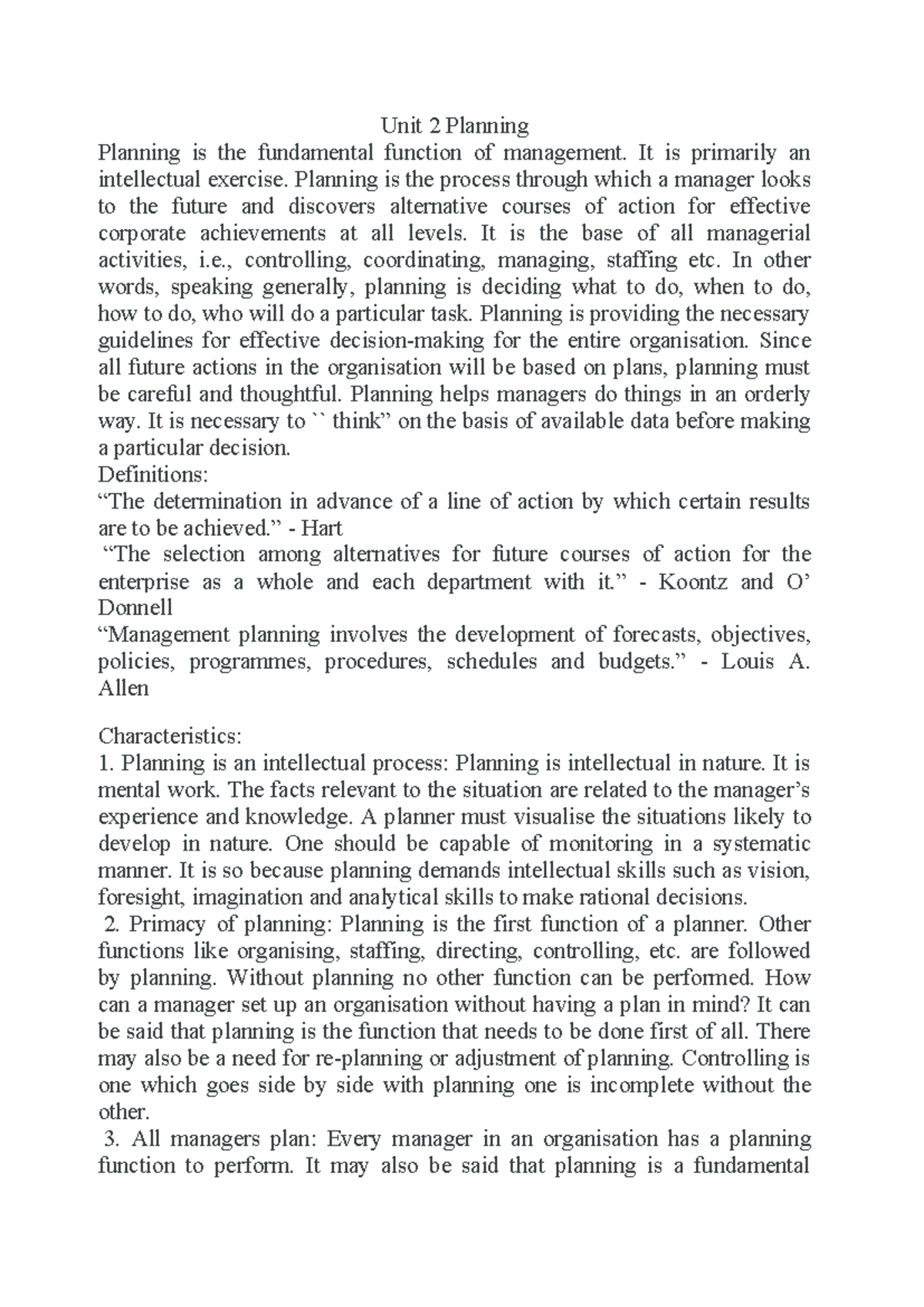 MGT 101 Unit 2: Comprehensive Planning Strategies for Managers - Studocu