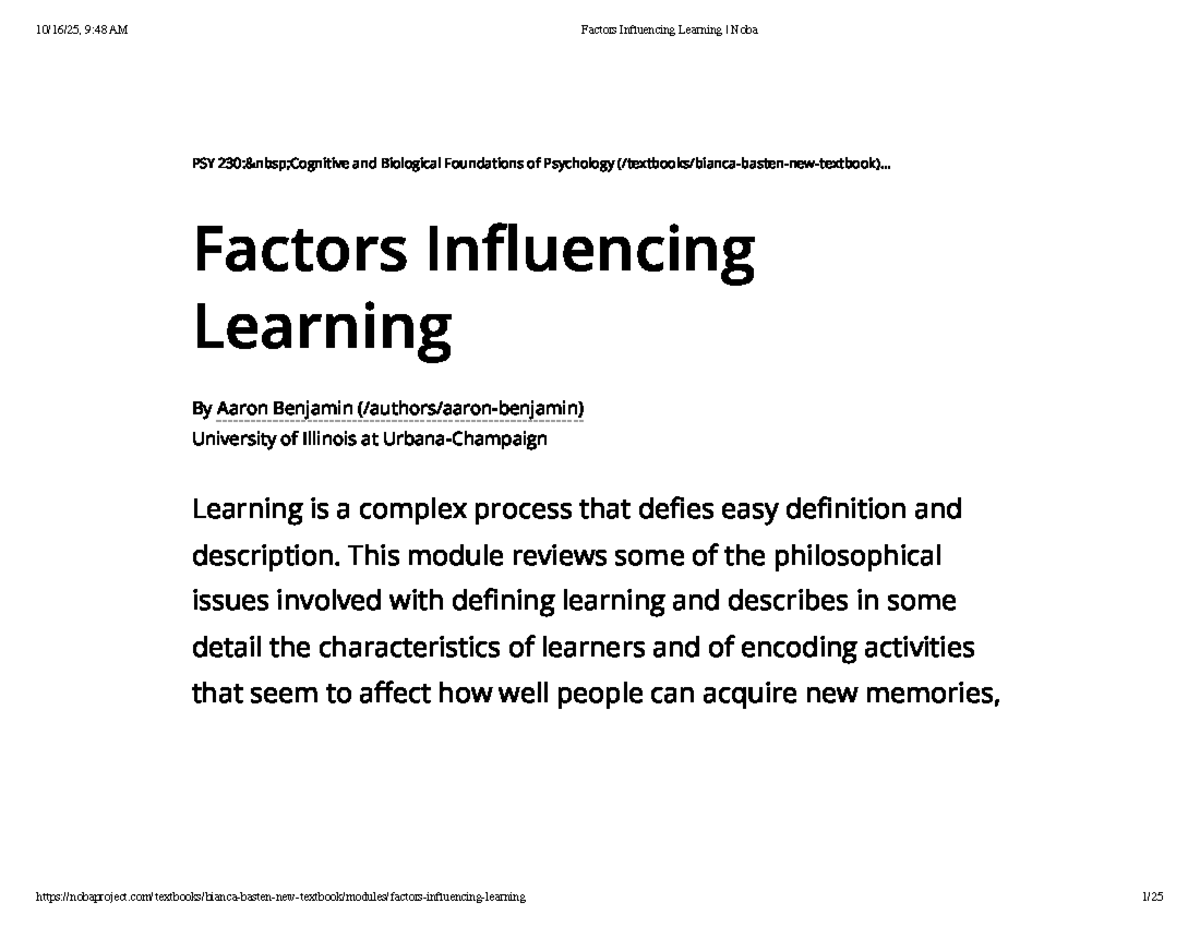 Factors Influencing Learning: Concepts & Strategies for PSY 230 - Studocu