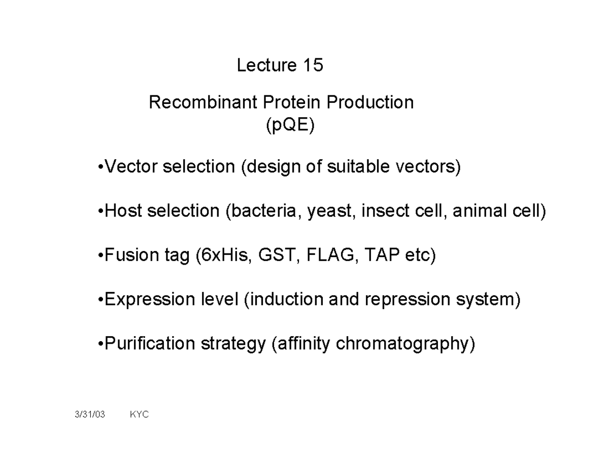 Lecture 15: Recombinant Protein Production (pQE) Strategies and Vectors ...