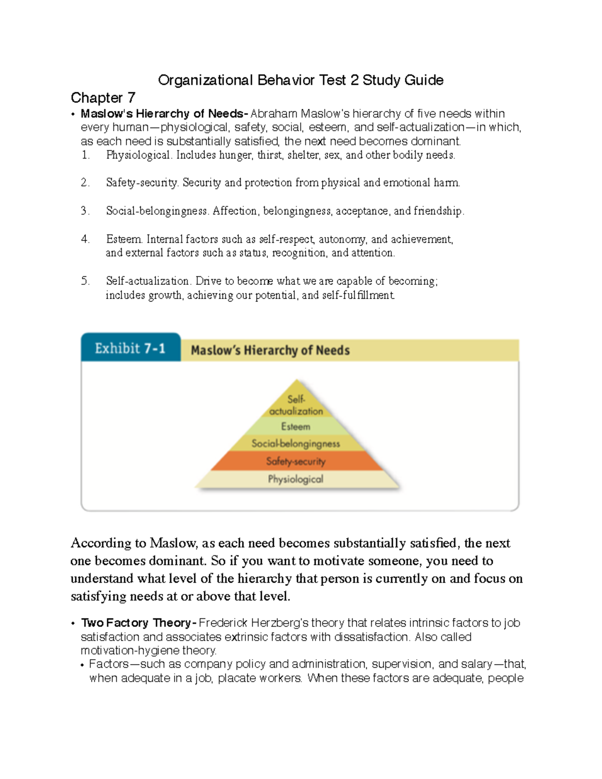Organizational Behavior Study Guide for Test 2: Key Theories & Concepts ...