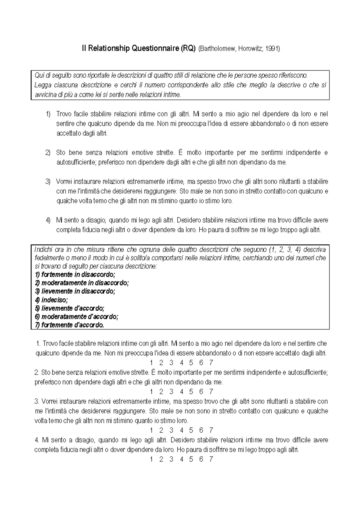 Questionario sulle Relazioni Intime - RQ (Bartholomew, 1991) - Studocu