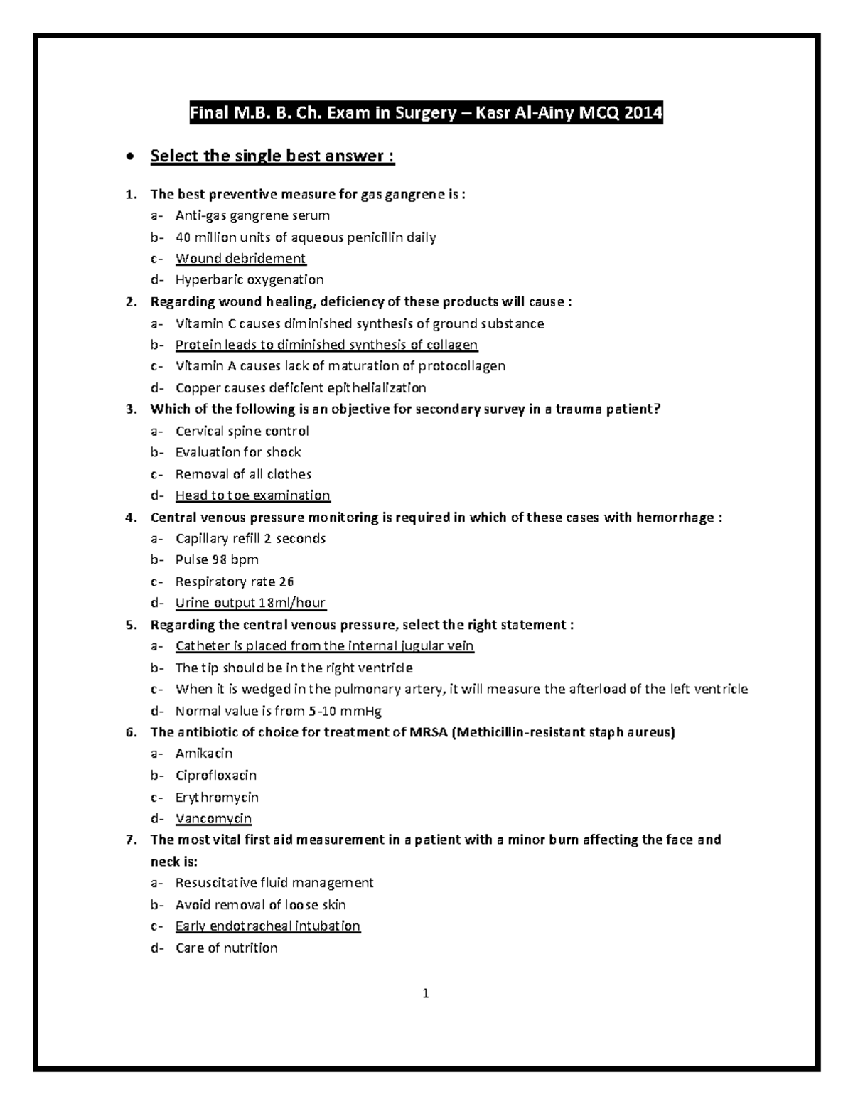 Final M.B. B. Ch. Exam in General Surgery - MCQ Practice 2014 - Studocu