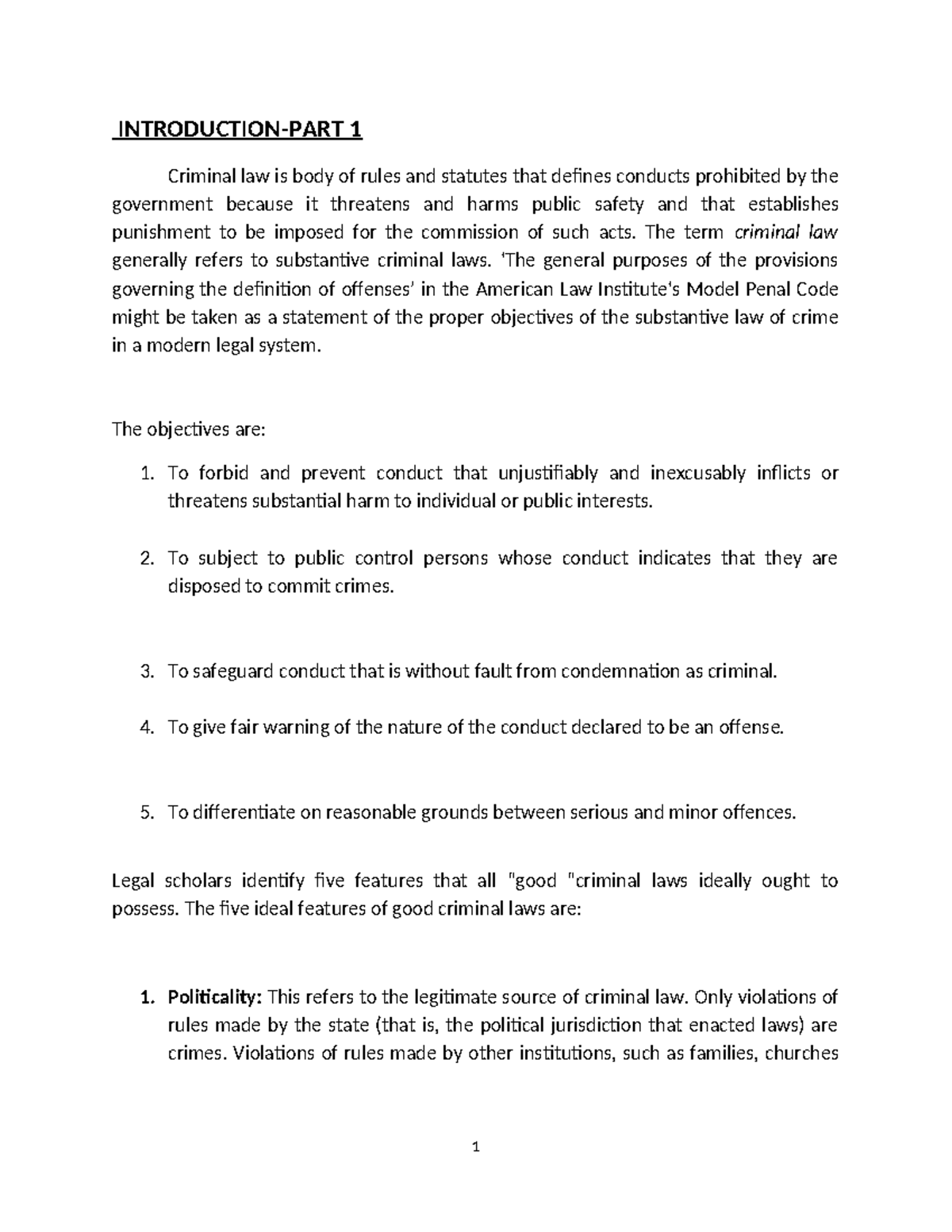Criminal Law 1: Comprehensive Notes on Key Concepts & Principles - Studocu