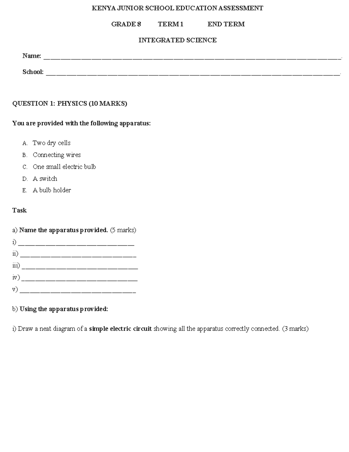 Grade 8 Integrated Science Term 1 Assessment - PP2-1-1 - Studocu