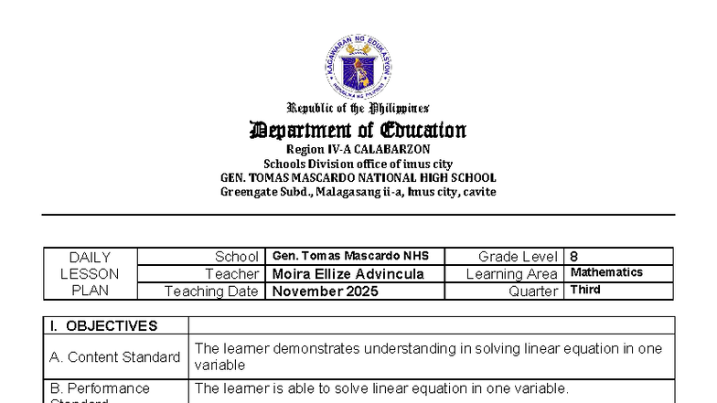 Mathematics Lesson Plan for Grade 8 - Linear Equations (Q3) - Studocu