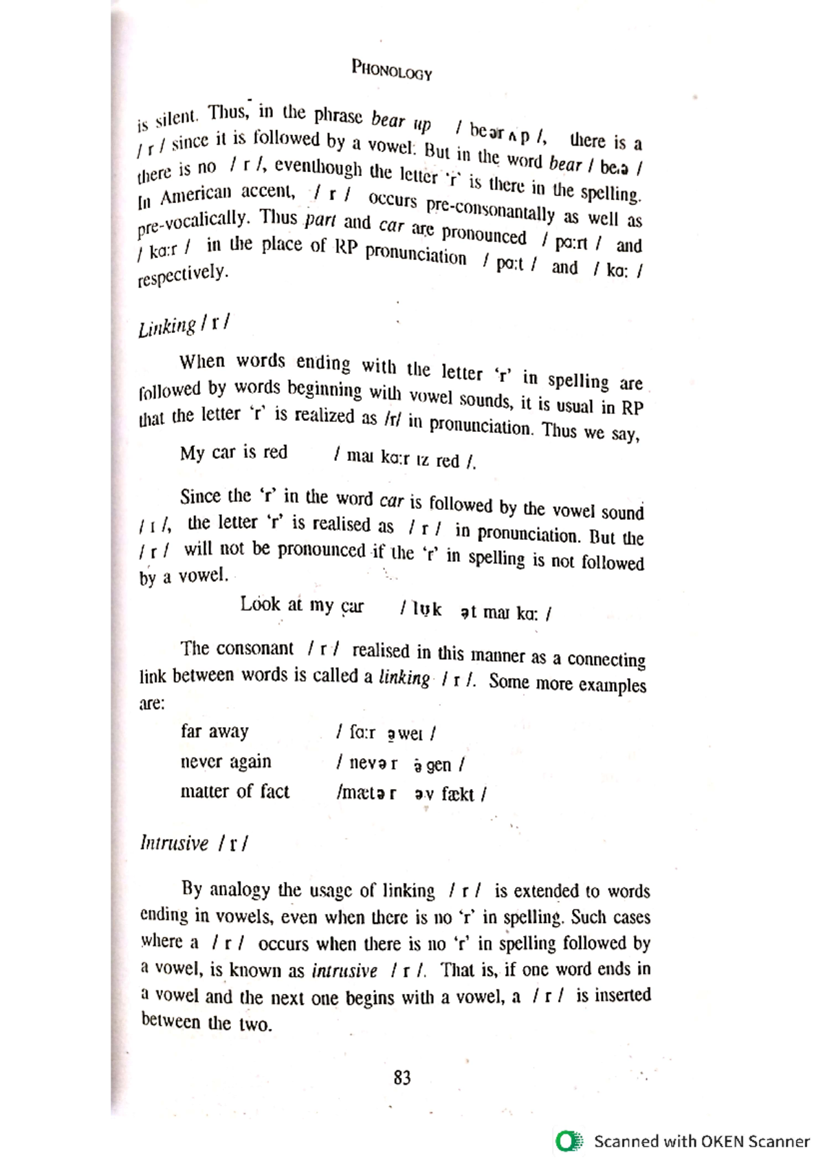 Linking r Intrusive r - Short note - PHONOLOGY is silent. Thus, is ...