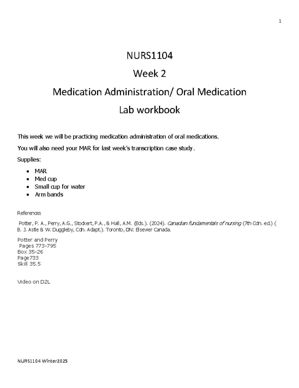 NURS1104 Week 2 Oral Medication Administration Lab Workbook - Studocu