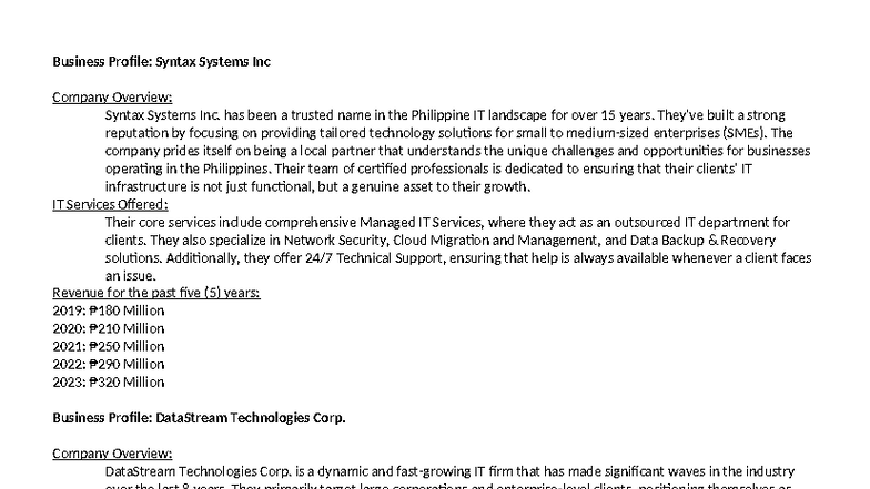 Business Profile: Syntax Systems Inc. & DataStream Tech. (05 ARG) - Studocu
