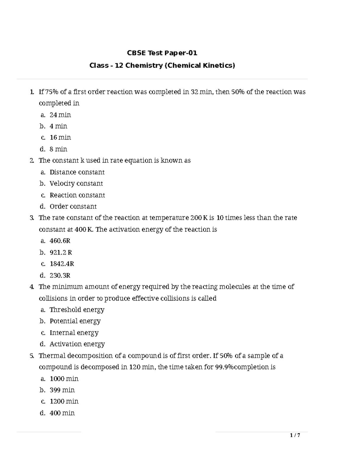 CBSE Class 12 Chemistry Test Paper: Chemical Kinetics Quiz Questions ...