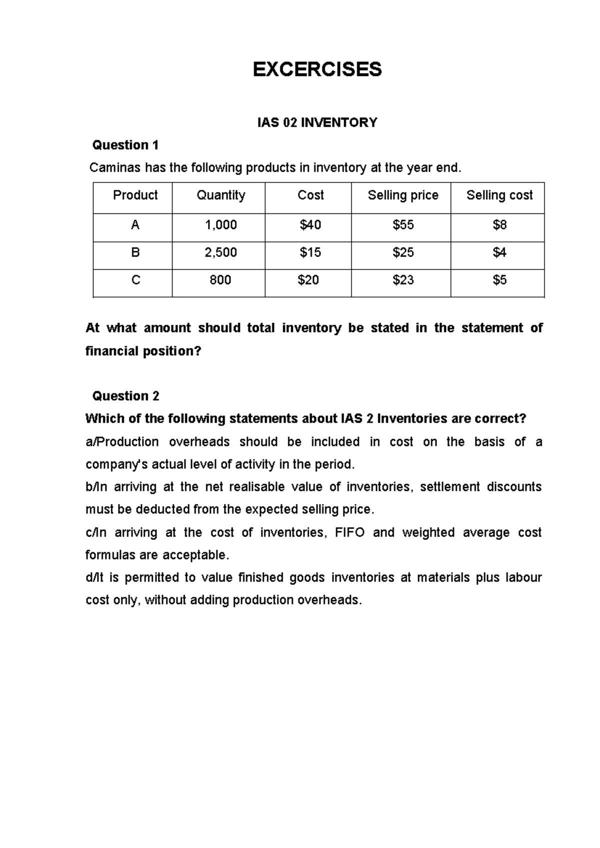 IAS 02 & IAS 16 Exercises: Inventory & Property Plant Equipment ...