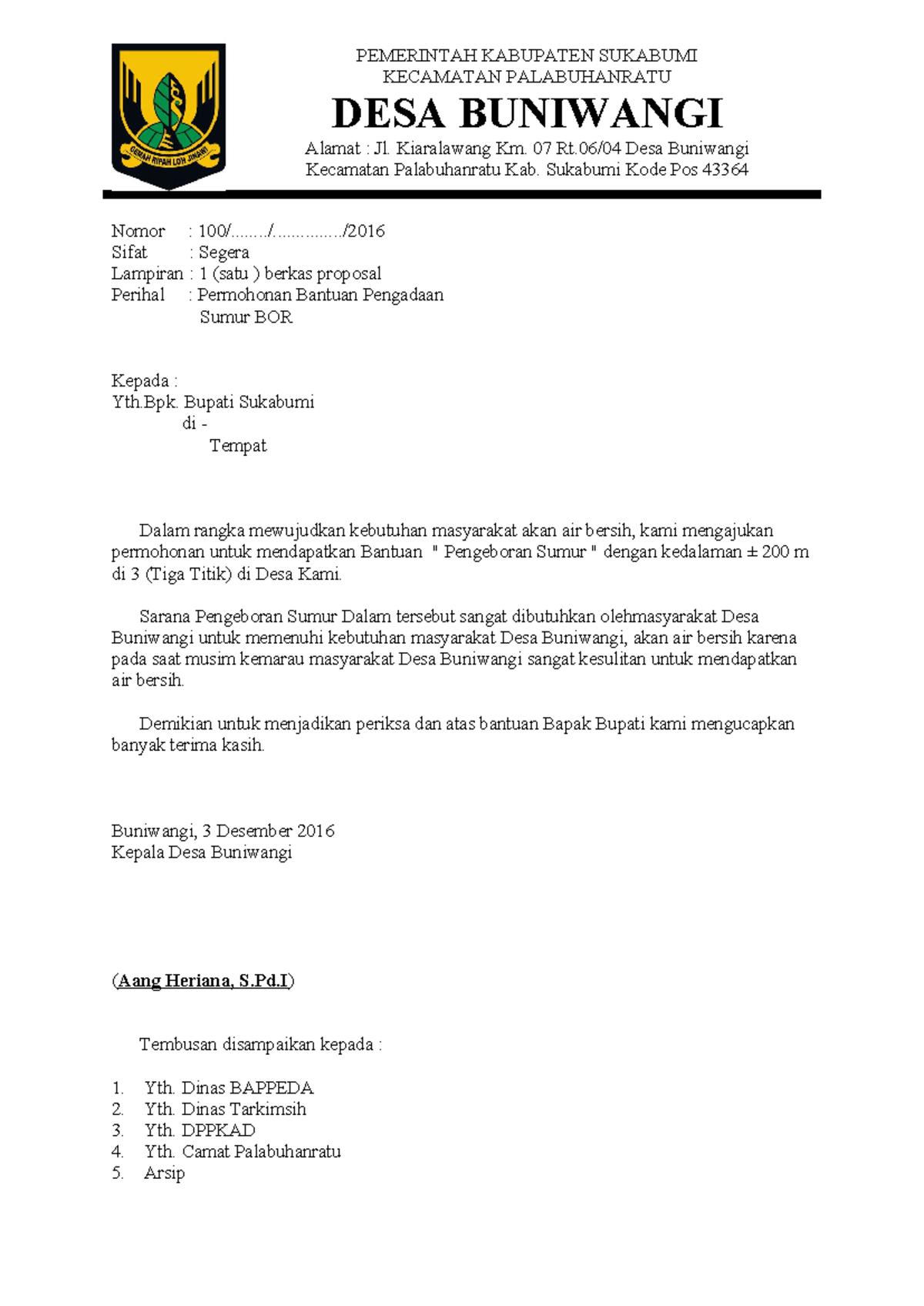 Proposal Bantuan Pengeboran Sumur BOR Desa Buniwangi - Sukabumi - Studocu