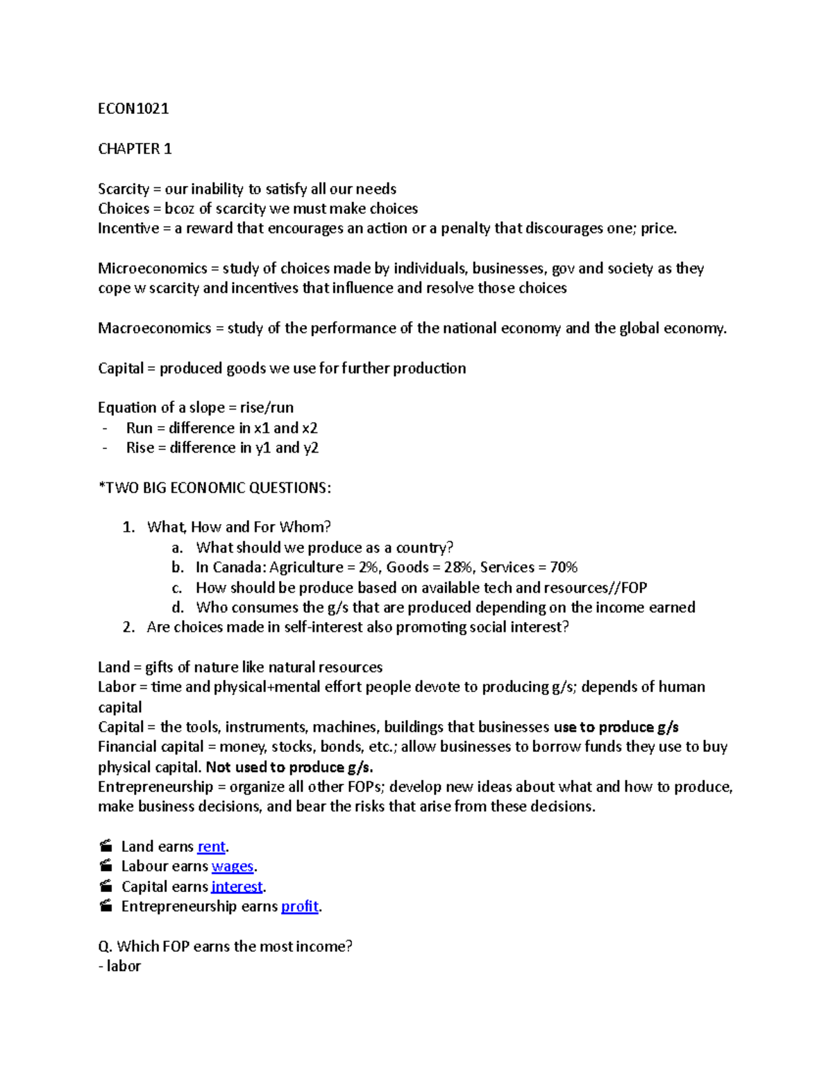 ECON 1021 - Chapter 1 & 2 Class Notes on Economic Principles - Studocu