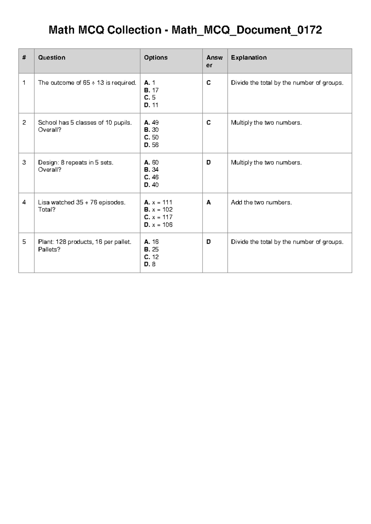 Math MCQ Collection - Document 0172 for VA Students - Studocu