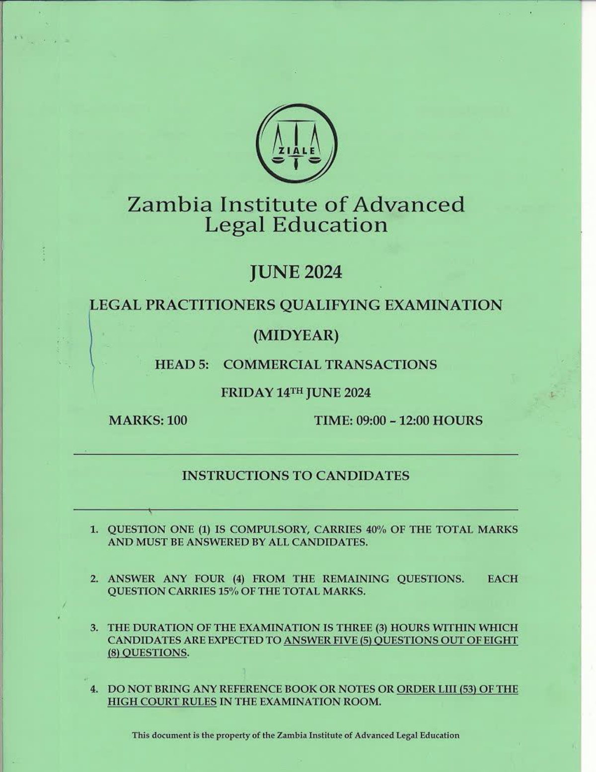 ZIALE Midyear Exam 2024: Commercial Transactions - Studocu