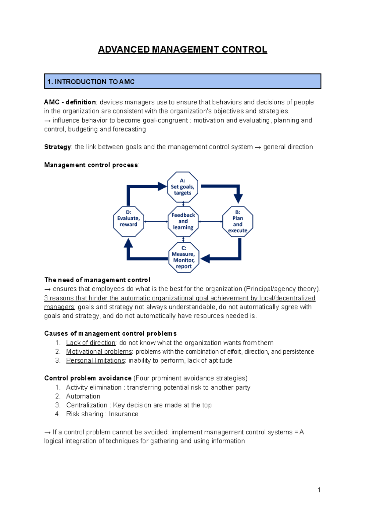 AMC - Synthèse - Résumé du cours - ADVANCED MANAGEMENT CONTROL 1 ...
