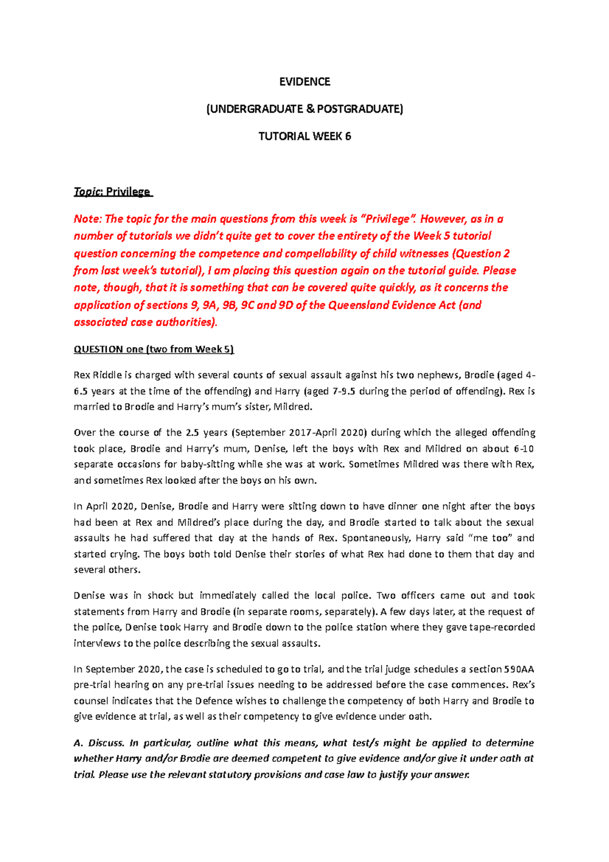Tute 5 Week 6 - Privilege and Child Witness Competence Notes - Studocu