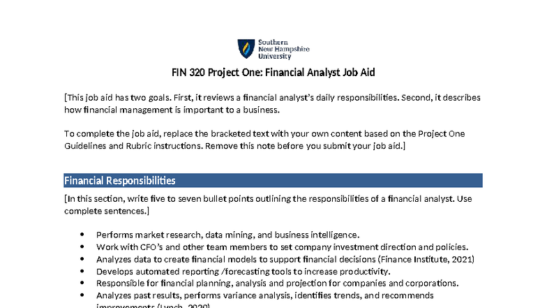 FIN 320 Project One: Financial Analyst Responsibilities & Insights ...
