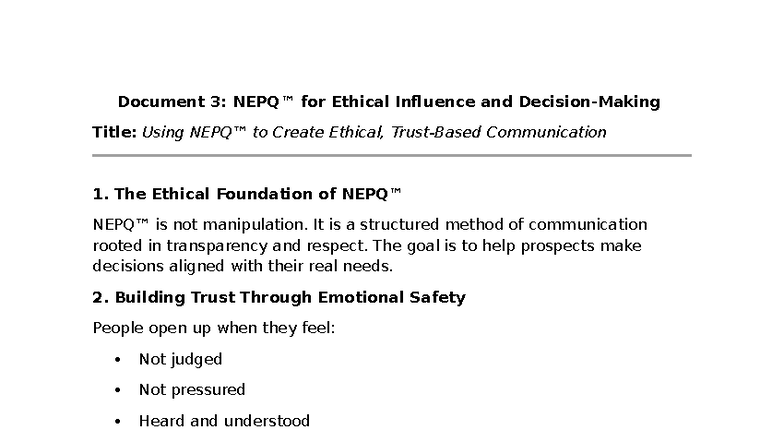 NEPQ 101: Ethical Communication Strategies for Building Trust - Studocu