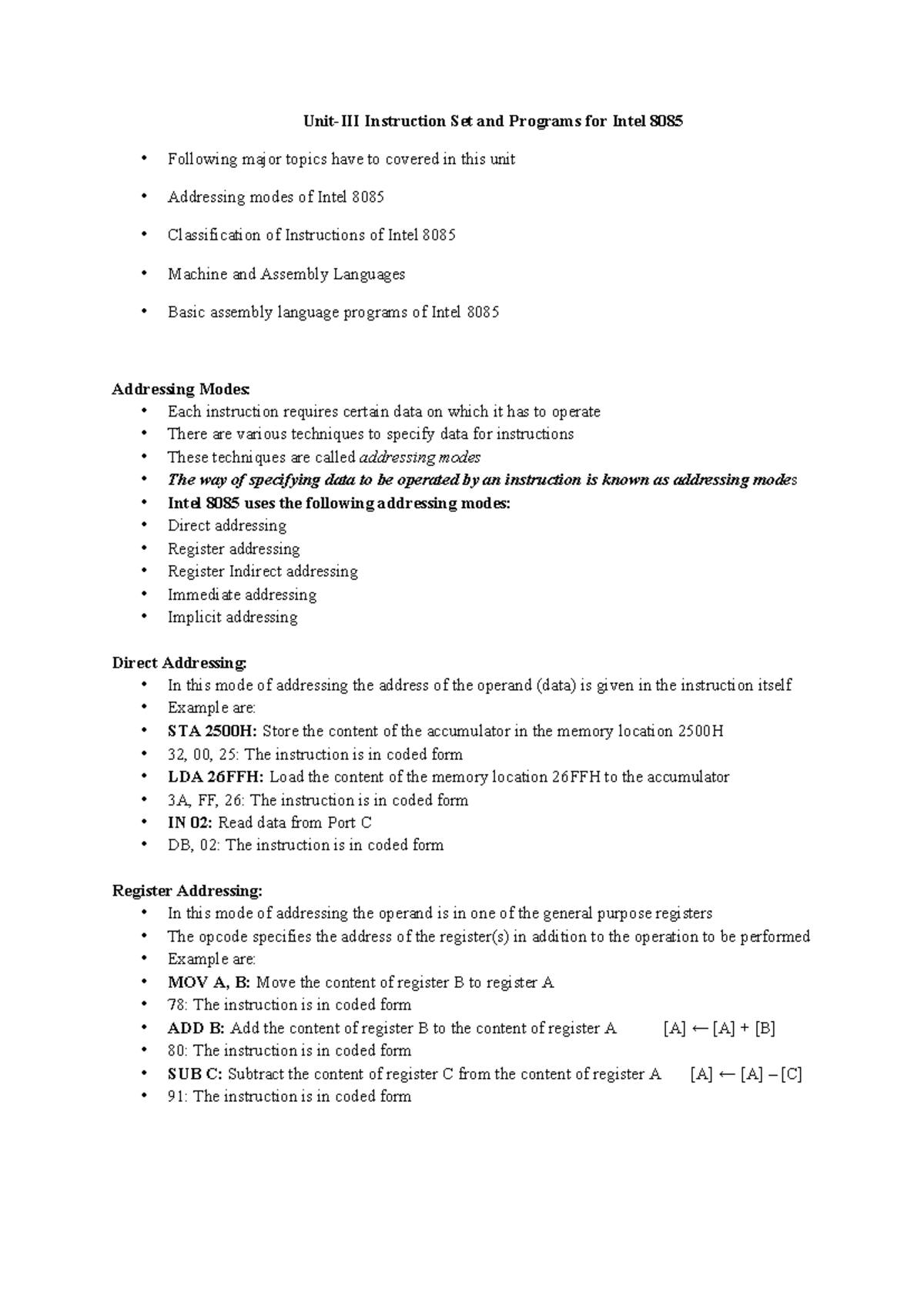 Instruction set - lecture notes-all 5 units - Unit-III Instruction Set ...