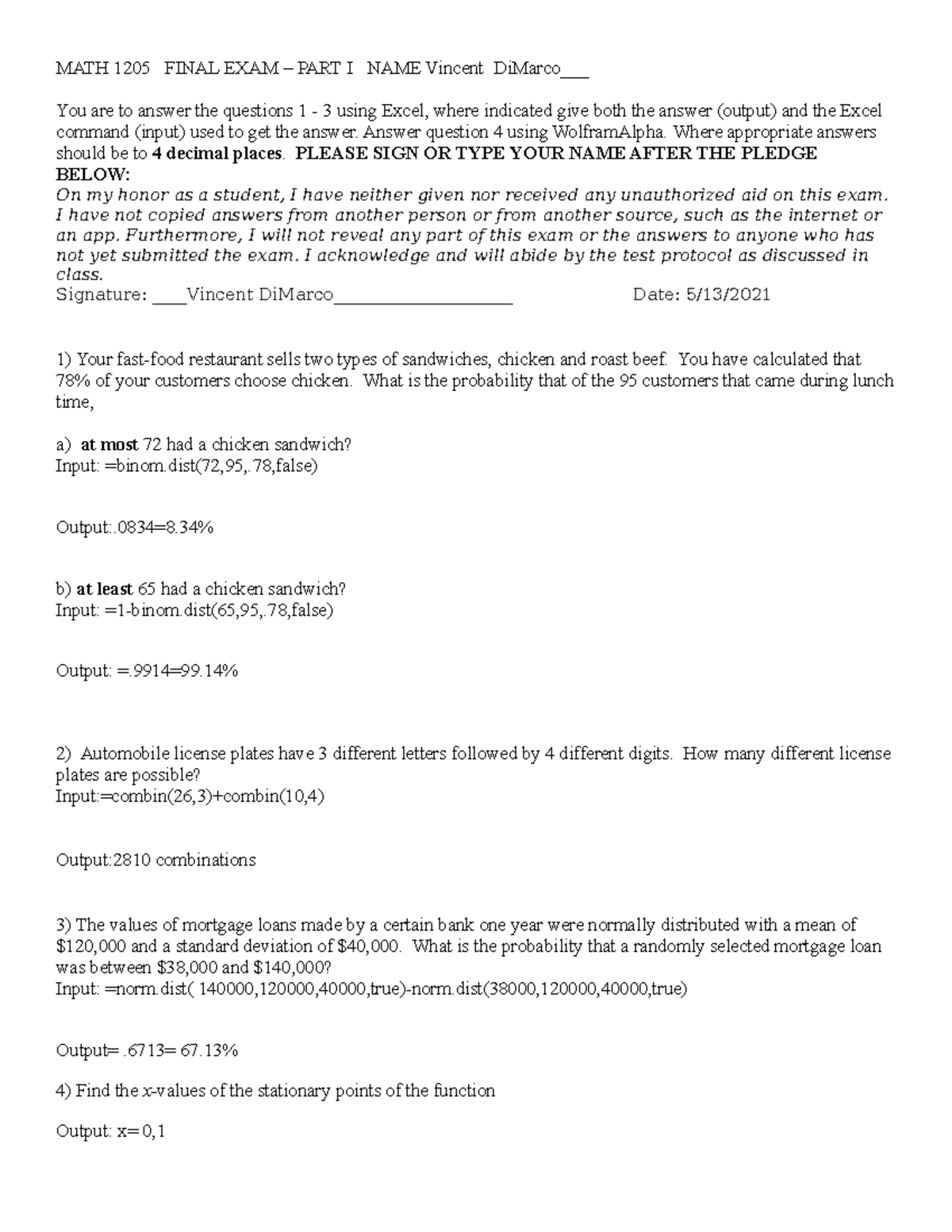 1205 FInal Spring 2021 Revised 2 - MATH 1205 FINAL EXAM – PART I NAME ...