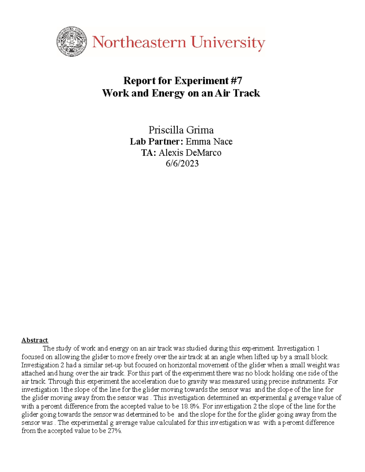 Experiment Report: Work & Energy Analysis on Air Track (Phys 101) - Studocu