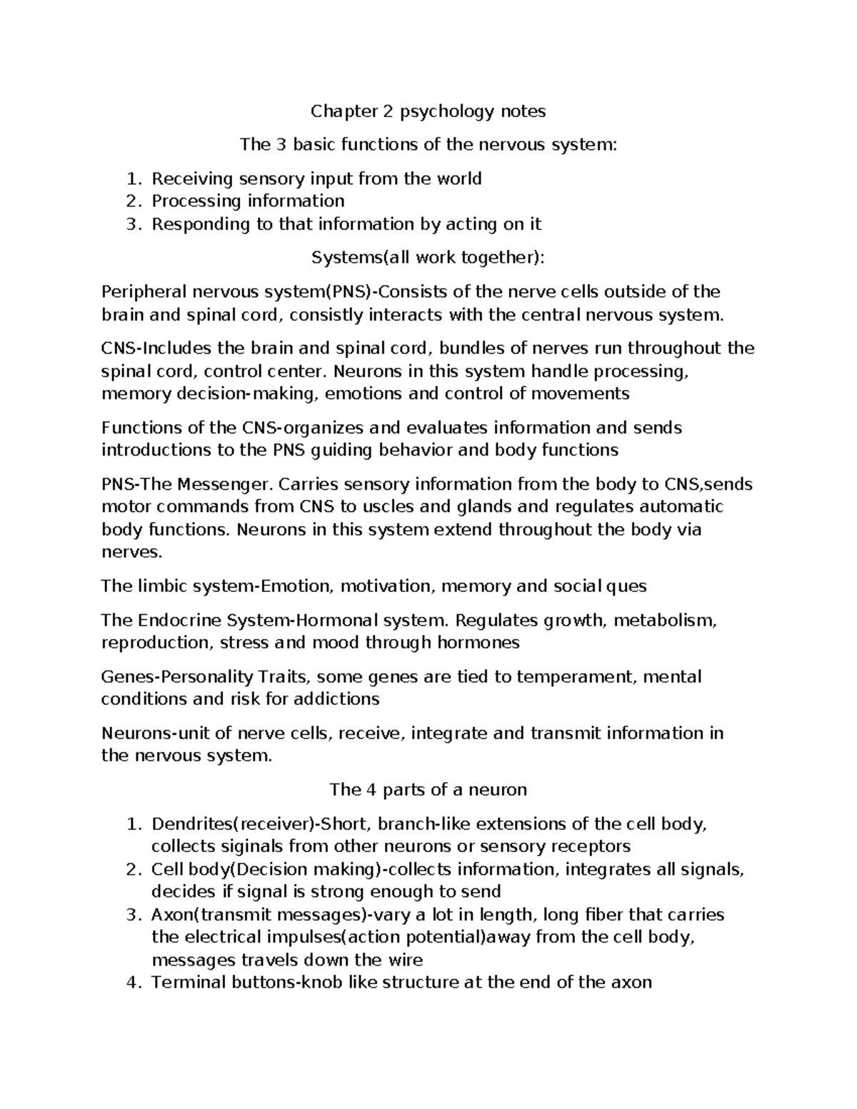 Psychology 101: Chapter 2 - Nervous System & Brain Functions Notes ...